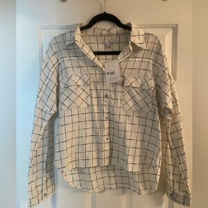 Love, Fire: White, Black, and Blue Plaid Semi Cropped Lightweight Flannel Shirt